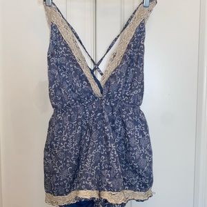 Patterned Romper with Lace Trim